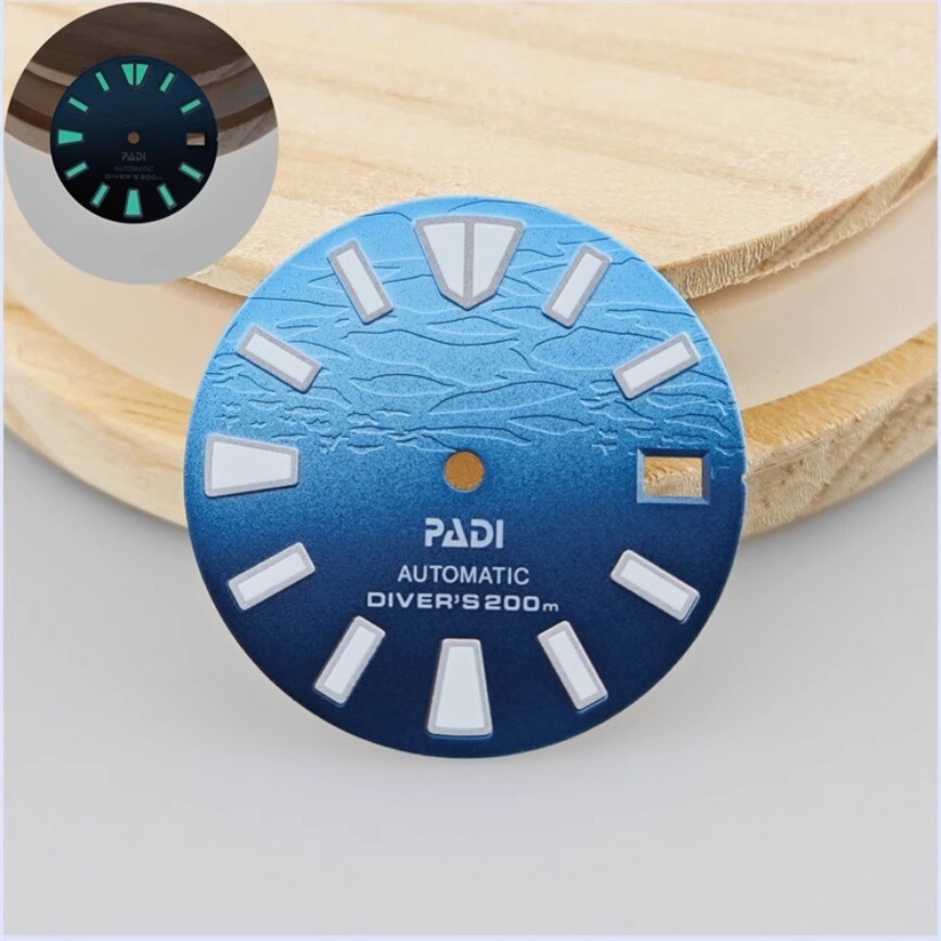 28.5mm NH35 Dial + Hands Gradient Blue 3D Dial Green Lume for NH35/NH36Movement