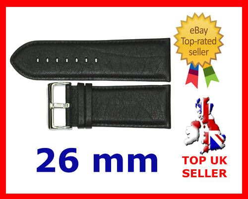 26mm New Quality Heavy Black Padded Leather Watch Strap