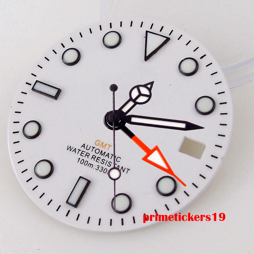 29mm White Watch Dial Date Black Orange Hands Luminous Fit NH34 GMT Movement