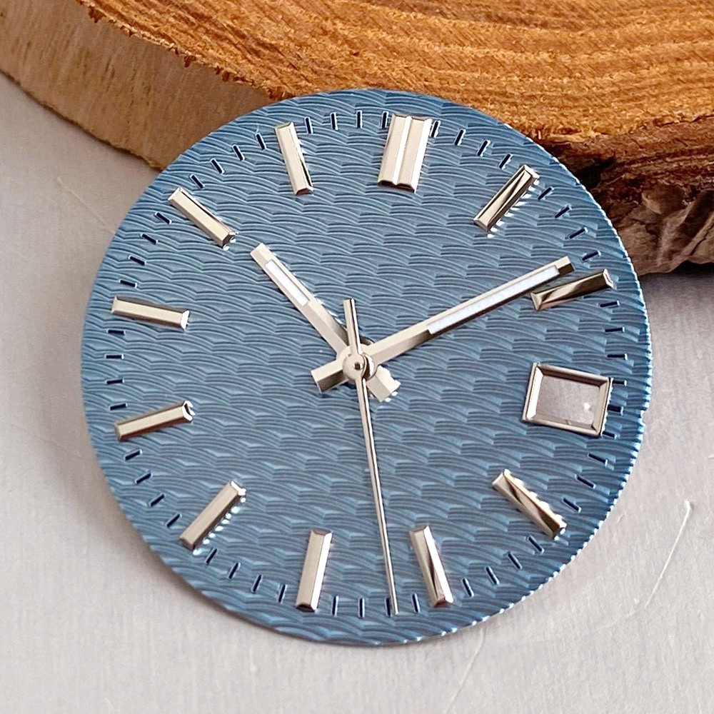 Fit NH35 Black/Blue/Green/White 29mm Watch Dial Wavy Texture Baton Marks Sterile