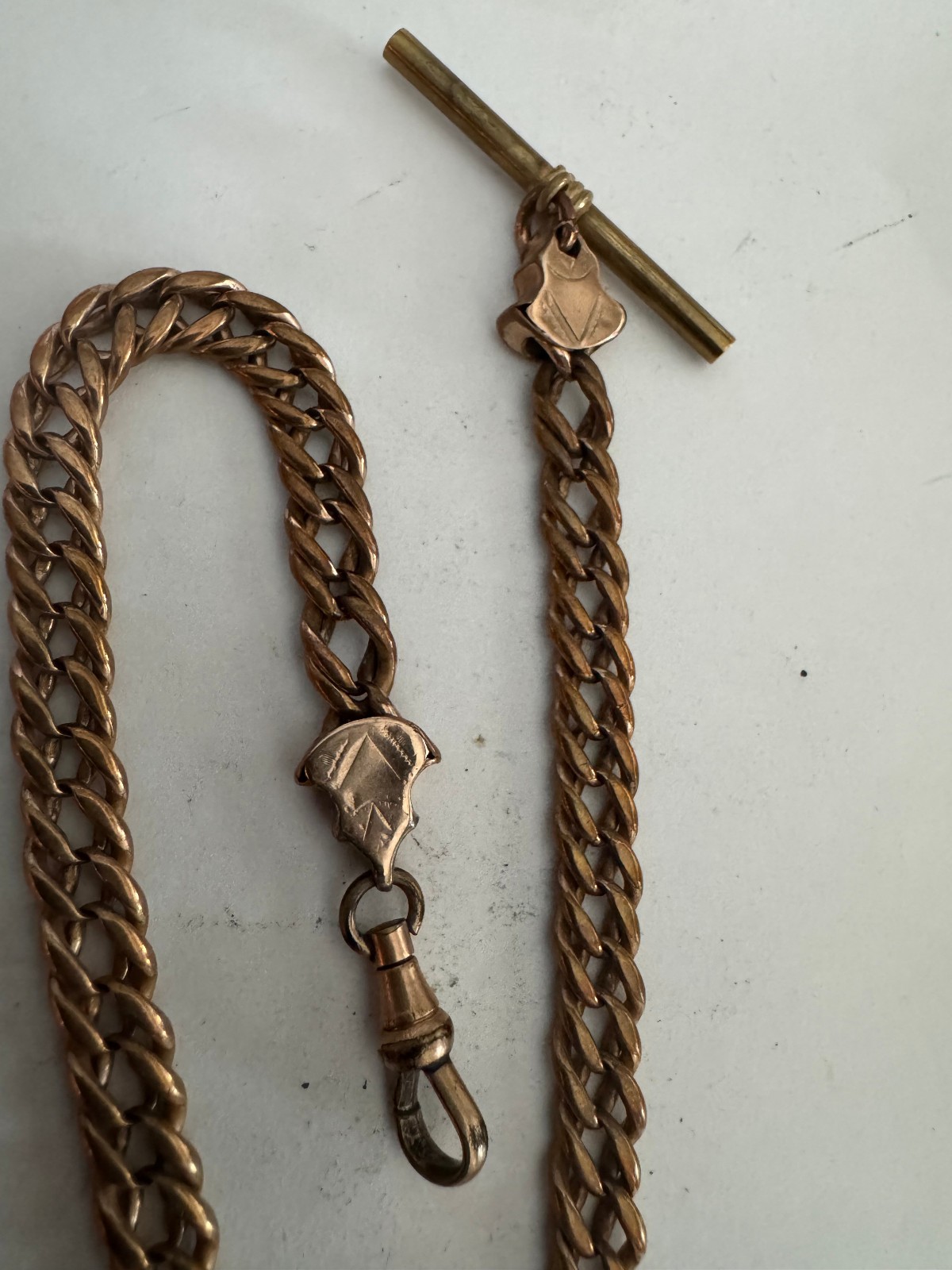VINTAGE HEAVY 13 INCH POCKET WATCH CHAIN 7.10MM WIDE T- BAR YELLOW G.F.