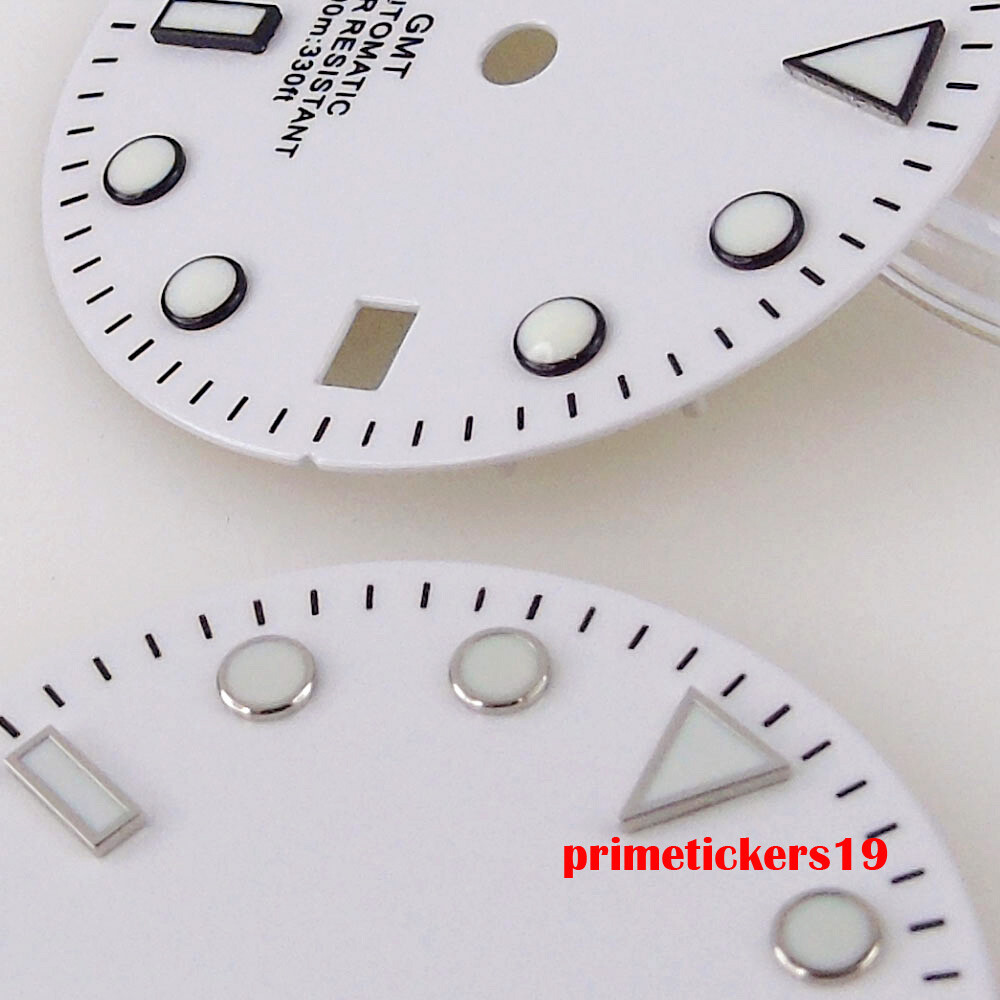 29mm White Watch Dial Date Black Orange Hands Luminous Fit NH34 GMT Movement
