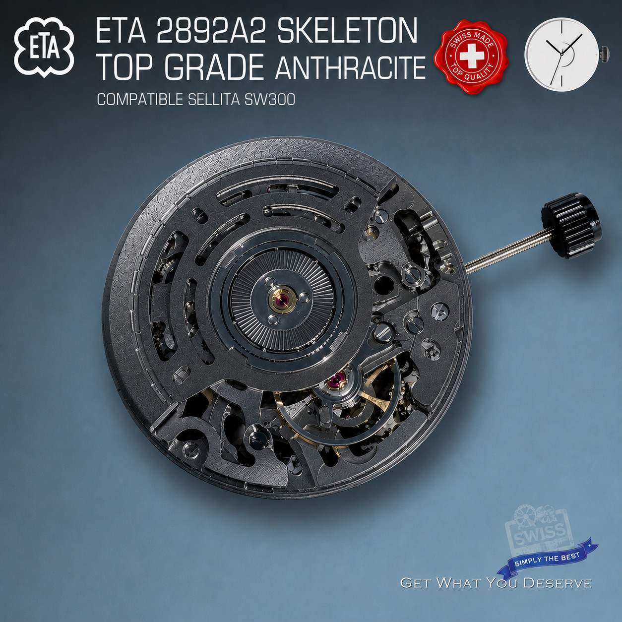 MOVEMENT AUTOMATIC ETA 2892 TOP GRADE SKELETON ANTHRACITE Comp. SW300, SOP A10