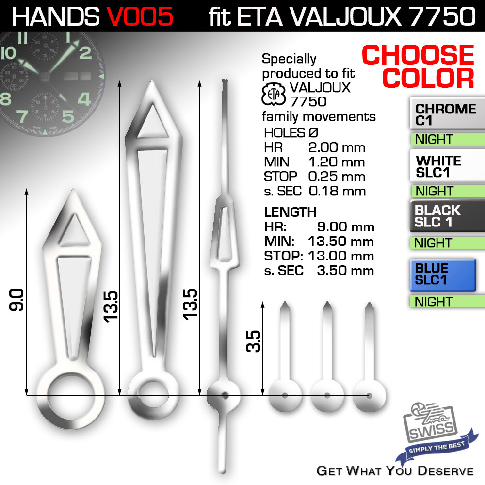 HANDS SET FOR MOVEMENT ETA VALJOUX 7750, REV V005, SUPERLUMINOVA C1 + SWISS SLC1
