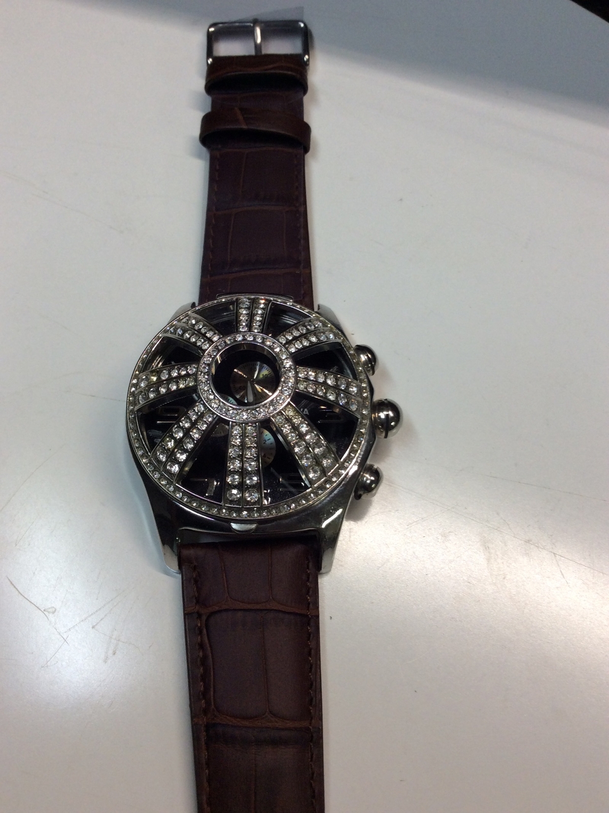 Geneva Watch Special Flip Glass Protector Blinged Out Dark Brown Band