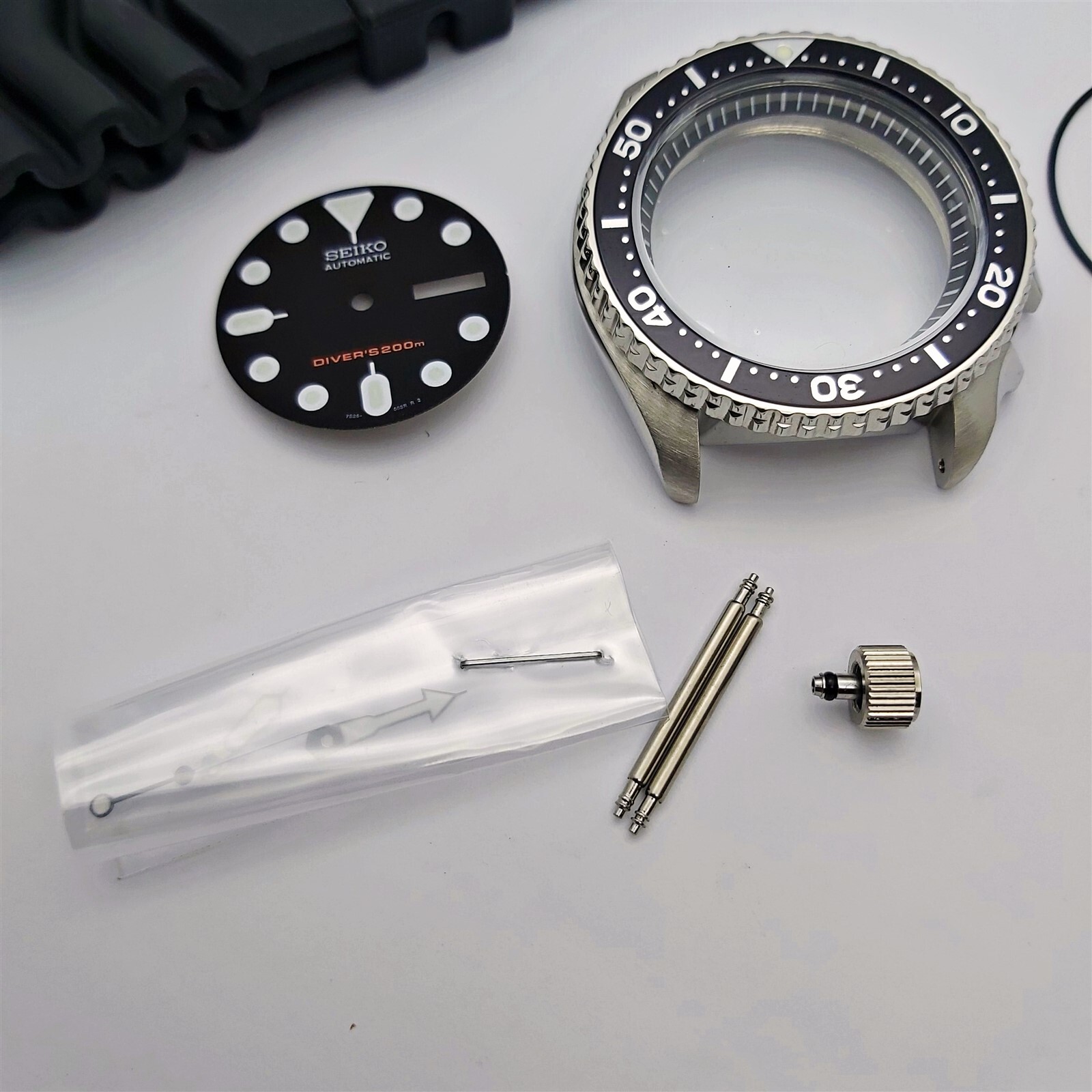 NEW AF SEIKO 7S26 0020 SKX007 BLACK KIT CASE BEZEL GLASS CROWN STRAP DIAL HANDS