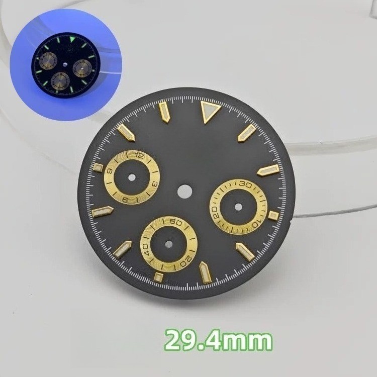 3-Eye Chronograph Dial Lume Gold Sub-Dials Fit Quartz Movement Mod