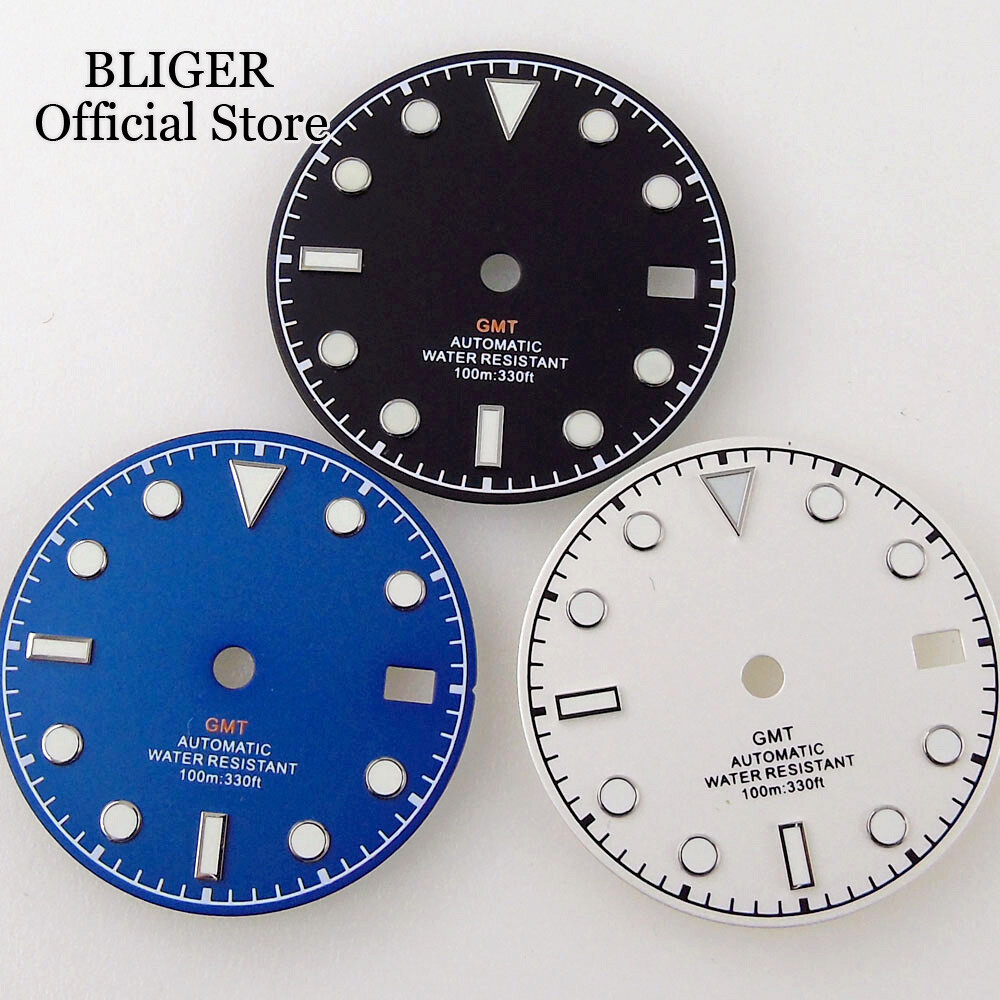 Luminous Black White Blue NH34A 29mm Watch Dial Face Date Window fit NH34 GMT