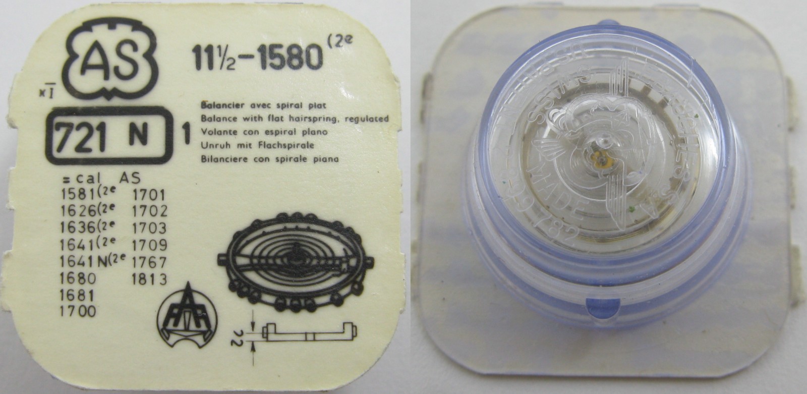 AS 1580 Watch part #721 N complete balance wheel / sealed blister