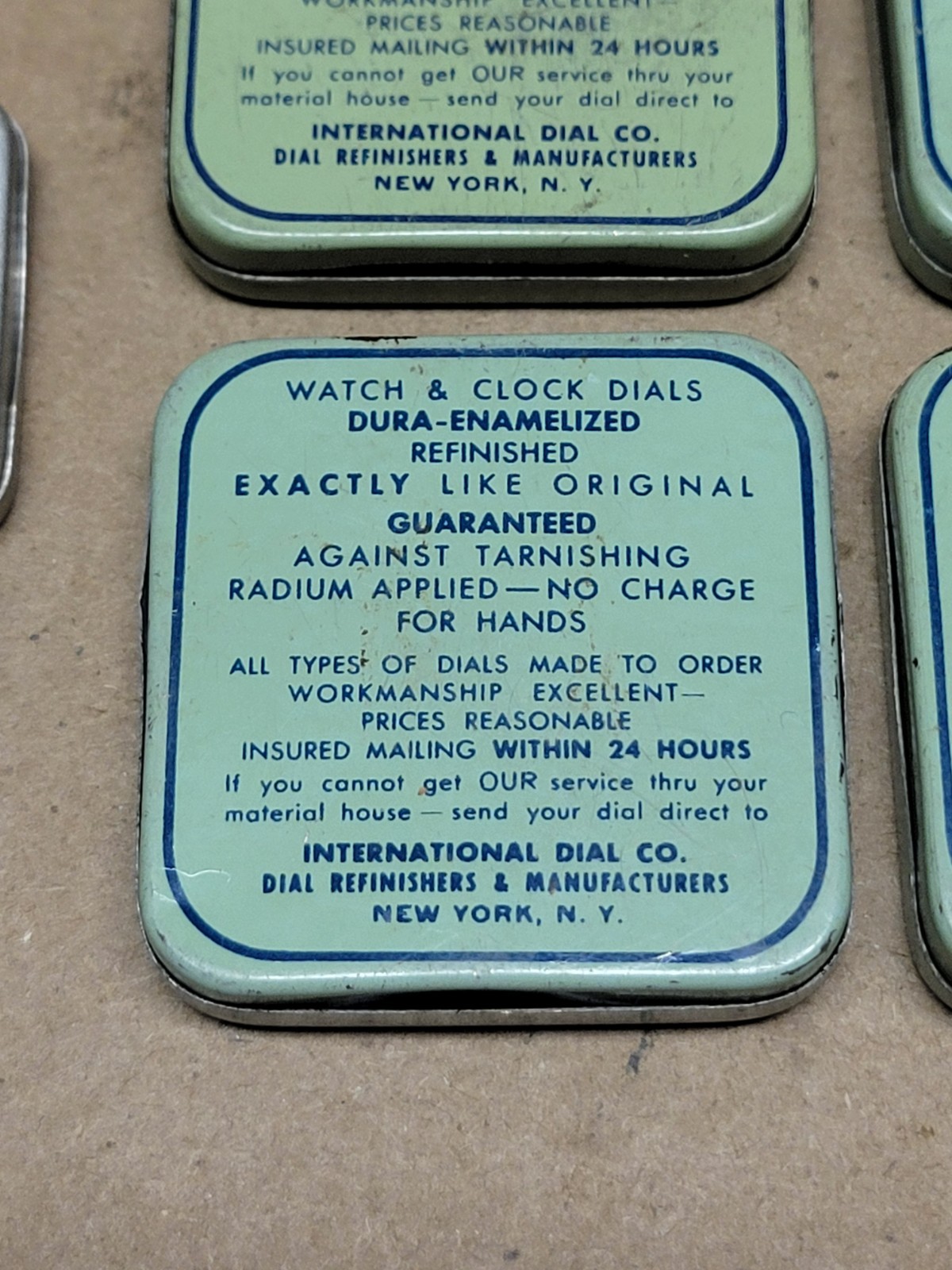 4 International Dial Co Watchmaker Small Parts Storage Tins Metal Tin + 2 Extra