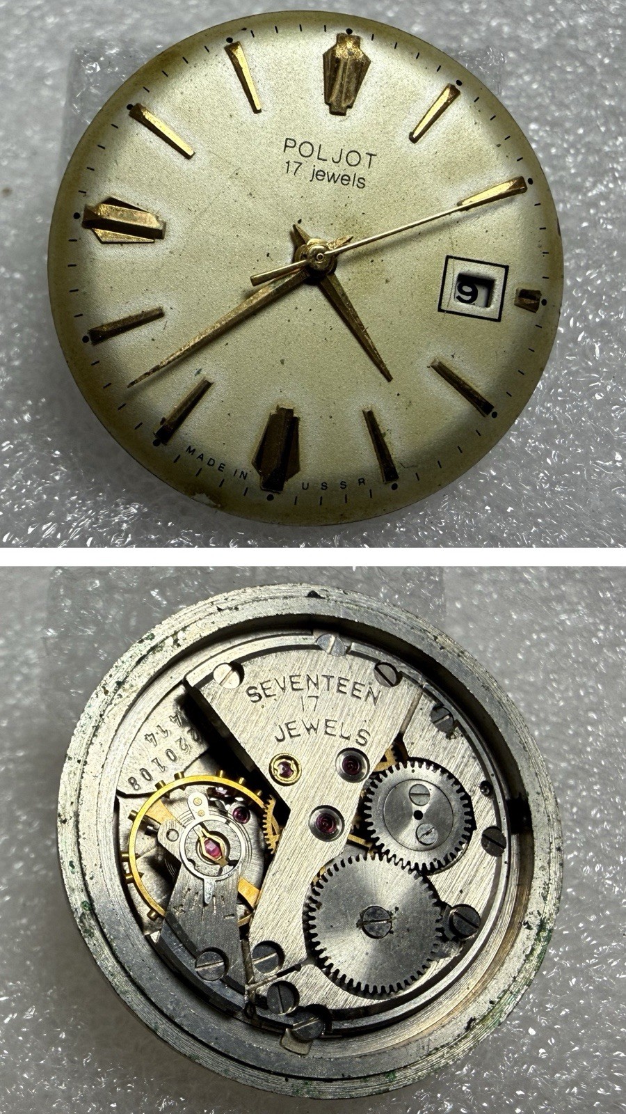 VINTAGE USSR Watch Movement POLJOT Cal. 2414 plus Dial. For Parts