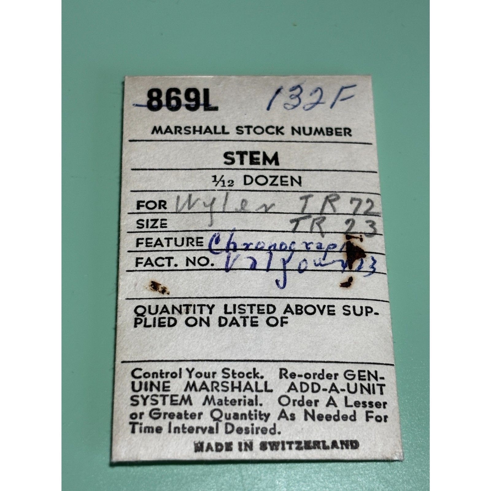 NOS Valjoux cal. 22, 71, 84 Marshall #877L stem for vintage men’s watch, NOS