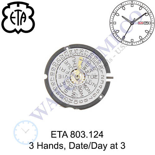 Genuine ETA 803.124 Watch Movement Swiss 3 Hands, Date/Day at 3