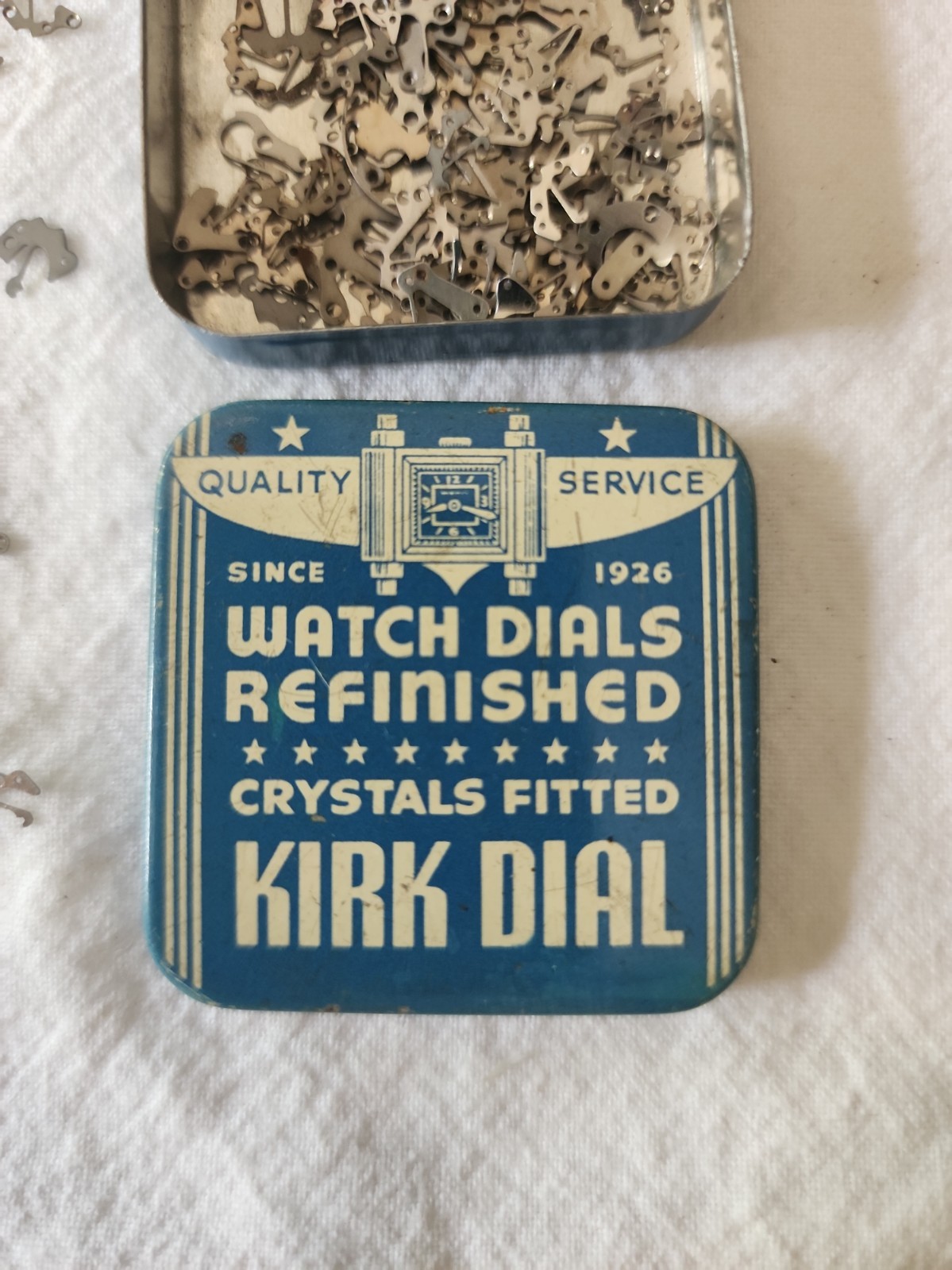 Vtg. Kirk Dial Watch Parts Tin with Various Pieces For Repair Of Watches