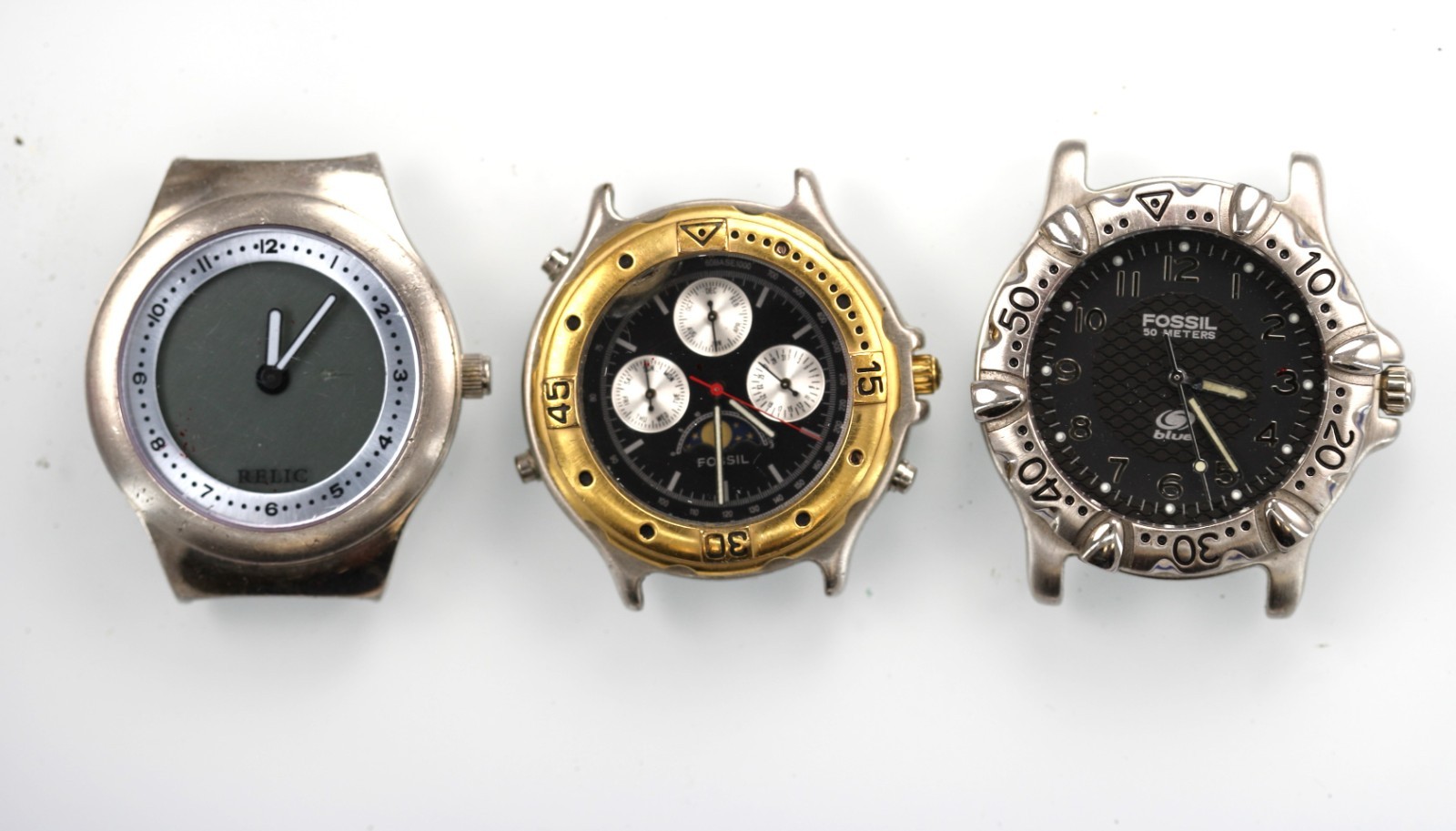 Fossil Relic Watch Men Silver Gold Stainless Moon Date 30-50m NON-WORKING Parts