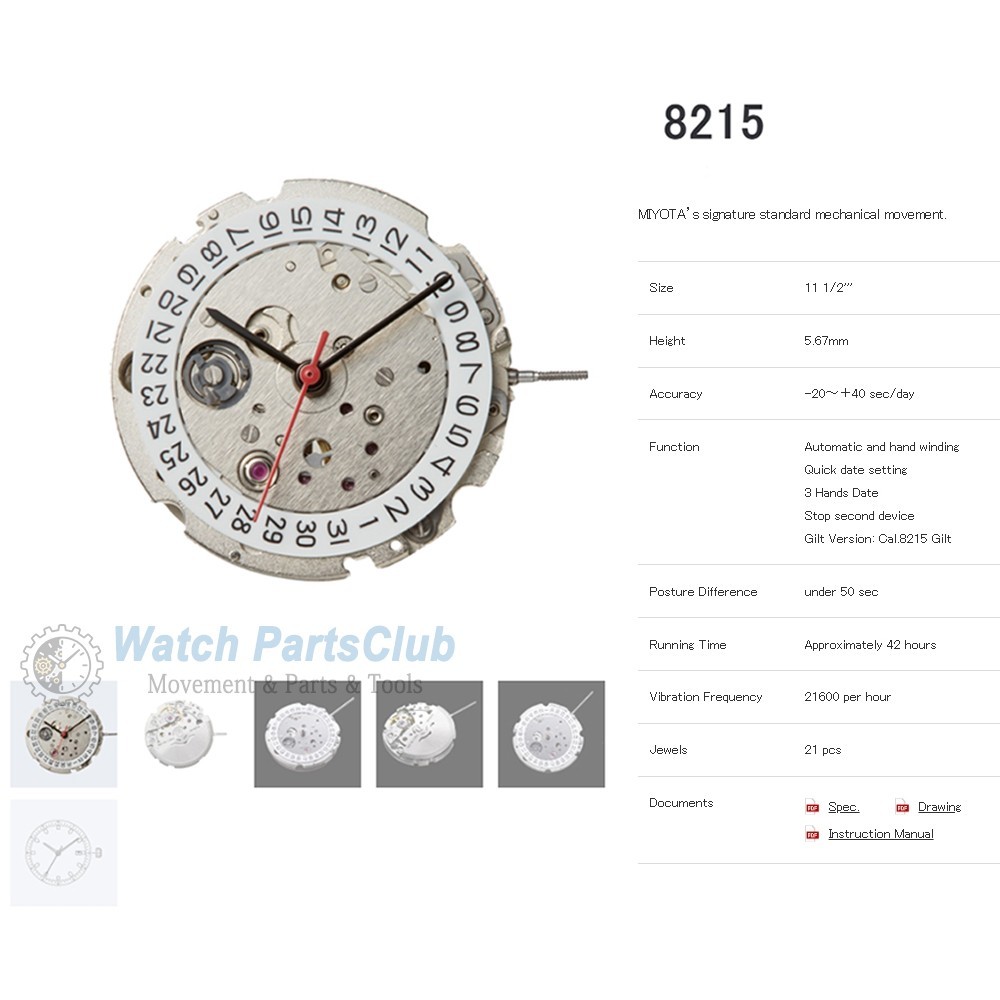 NEW Miyota 8215 Automatic Mechanical Movement With Stop-Second 21 Jewels 3H Date