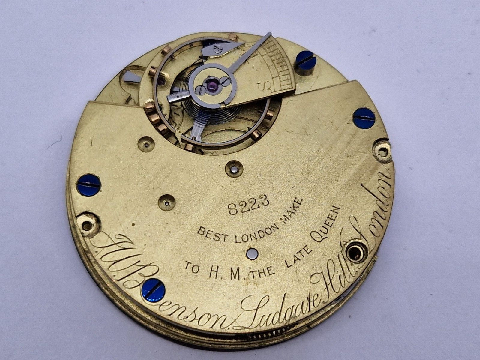 Antique J W Benson pocket watch movement London Queen