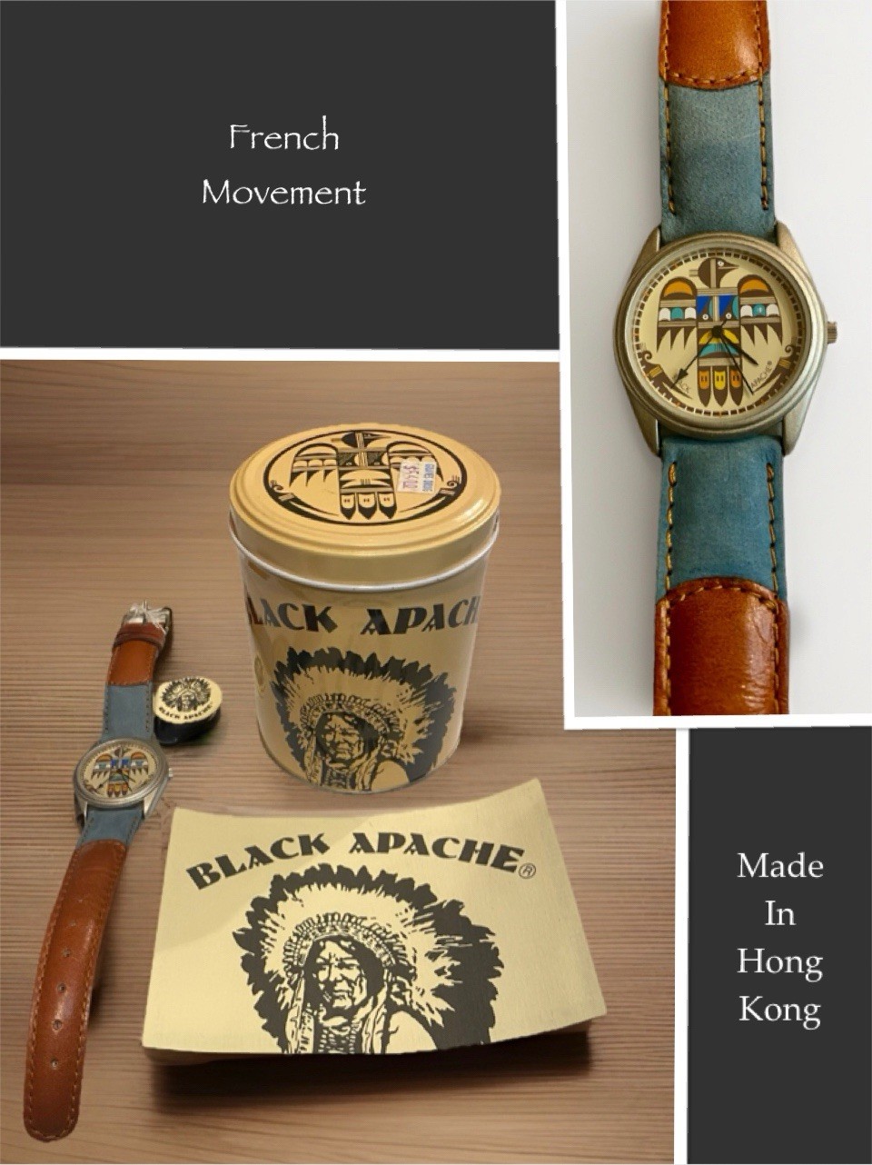 Vintage BLACK APACHE Watch Leather Band French Movement Native American Dial NOS