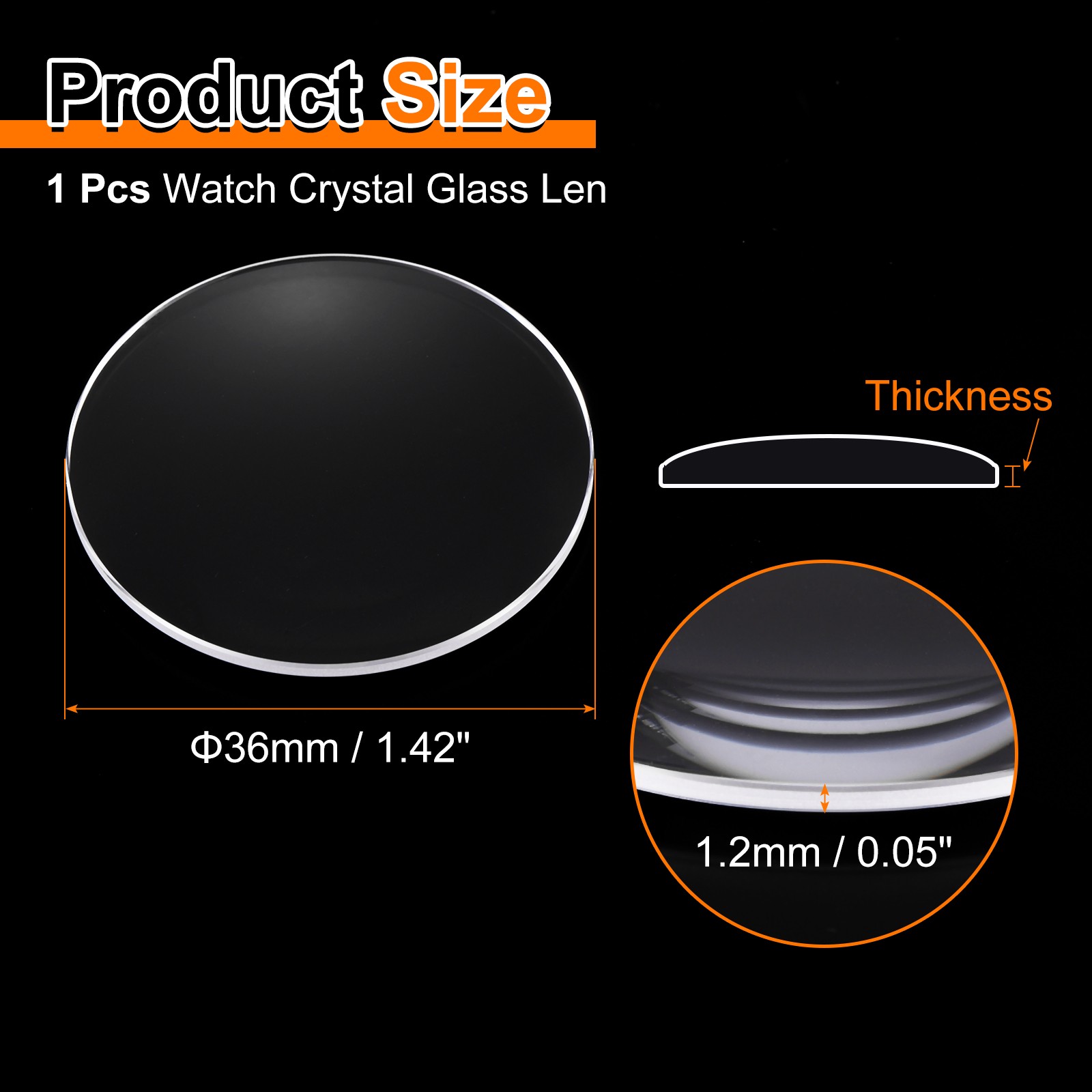 Watch Crystal Glass Lens 36mm Dia 1.2mm Thick Single Dome Round Sapphire