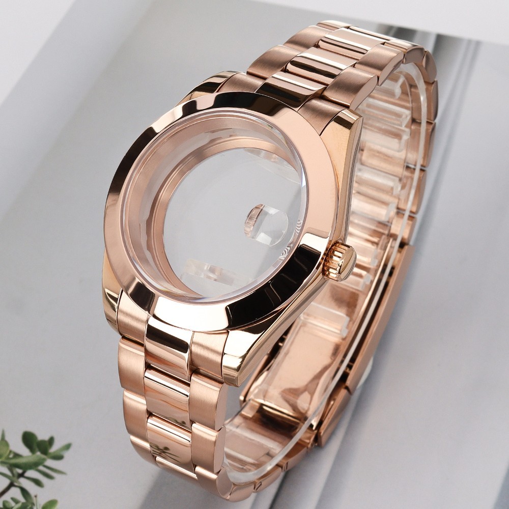 Rose Gold Oyster Brushed Watch Case+Fine Steel BAND 10ATM For Seiko NH35 34 NH36
