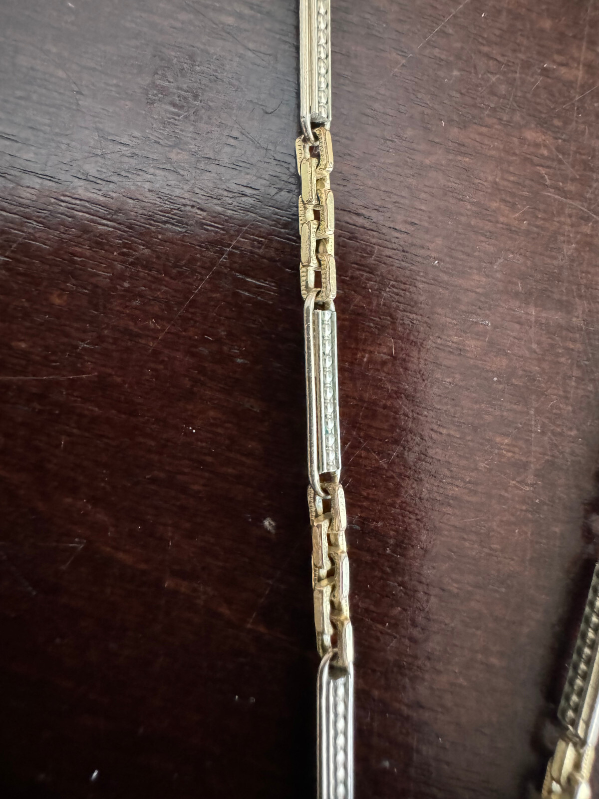 VINTAGE 15.5 INCH SIMMONS POCKET WATCH CHAIN, GREEN & WHITE GOLD FILLED, NICE