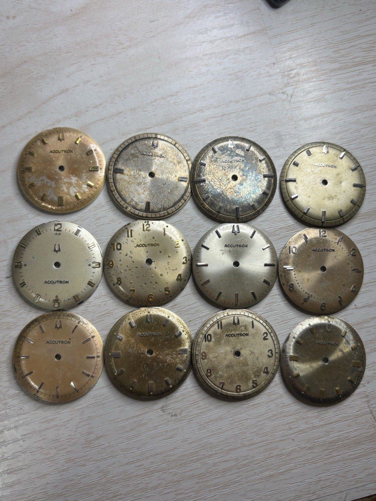 Vintage Bulova Accutron 214 Watch Lot of 12 Dials, Worn Damage Patina Tropical