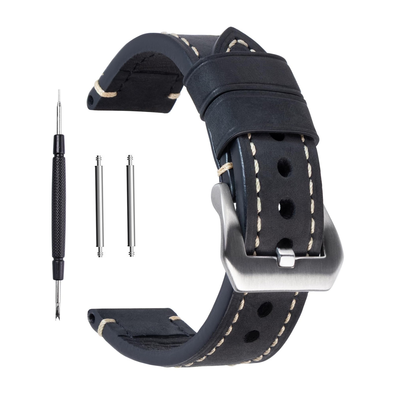Black 24mm Genuine Leather Wristwatch Watch Band Oil Tan Vintage Watchband fo…