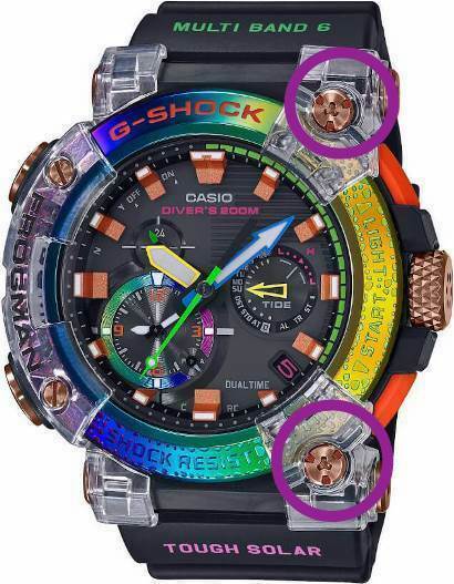 Casio G-Shock Frogman Rainbow Borneo GWF-A1000BRT decorative bezel screw @ 1 & 5