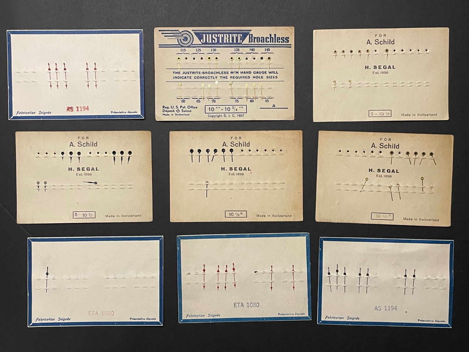 Card Lot Watch Hands for A. Schild & ETA AS 1194 ETA 1080 10 1/2″ Swiss Vintage