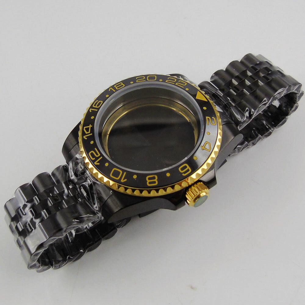 Fit NH35A 40mm Black Watch Case Gold Bezel Flat Sapphire Glass Jubilee Strap