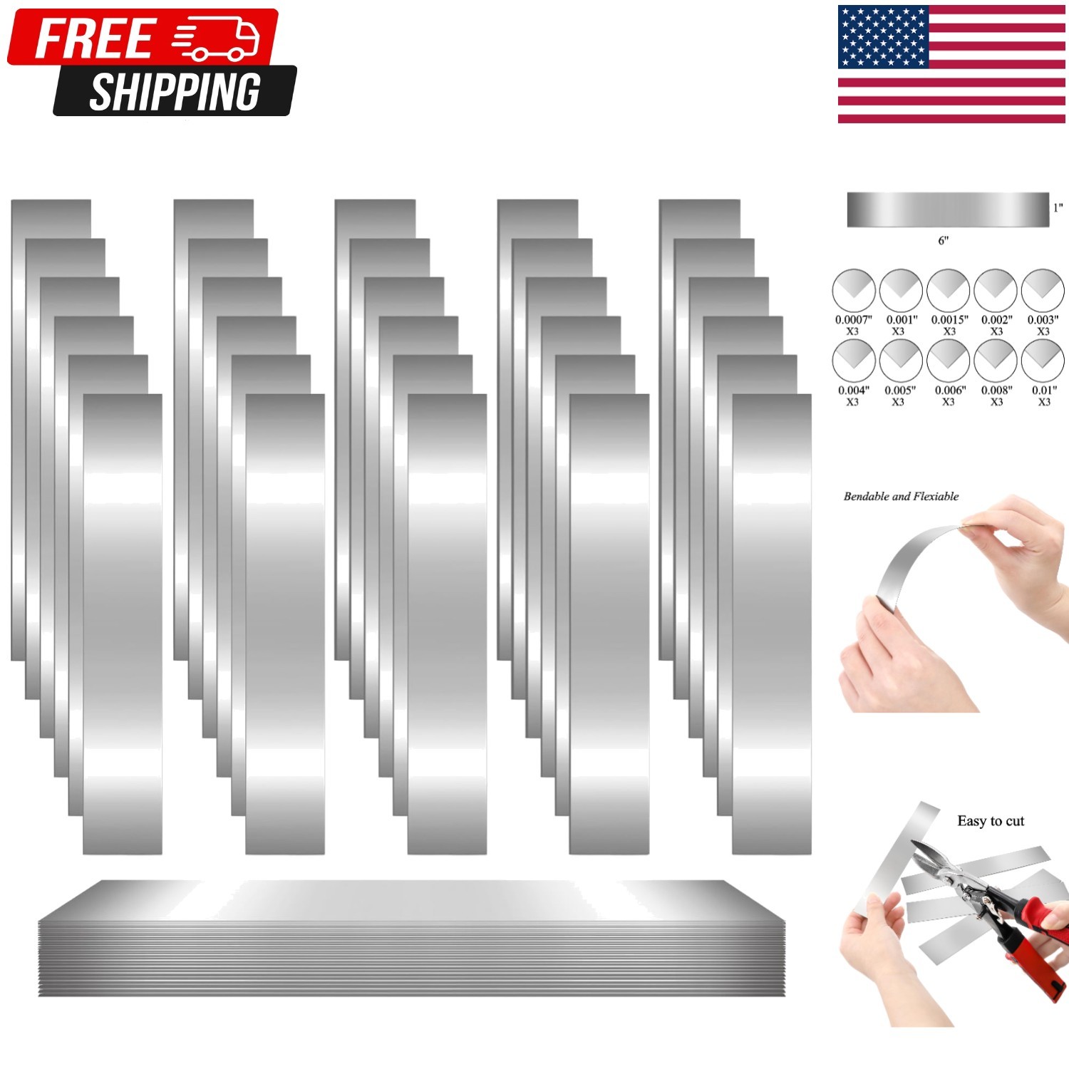 30PCS Shim Stock Assortment,304 Stainless Steel Strips,10 Sizes Thin Metal Shims