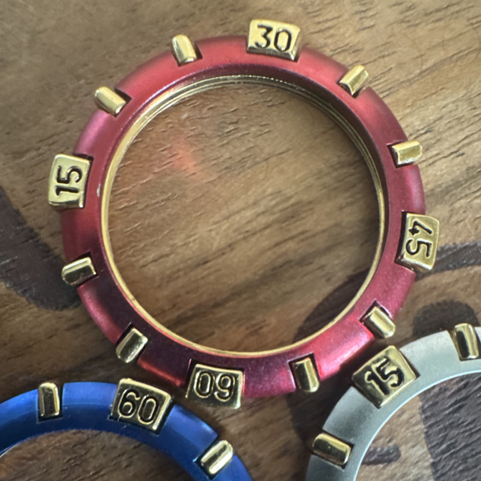 Set of 3 Metal Watch Bezels Red Blue Silver Gold Tone Minute Markers Ships Free!