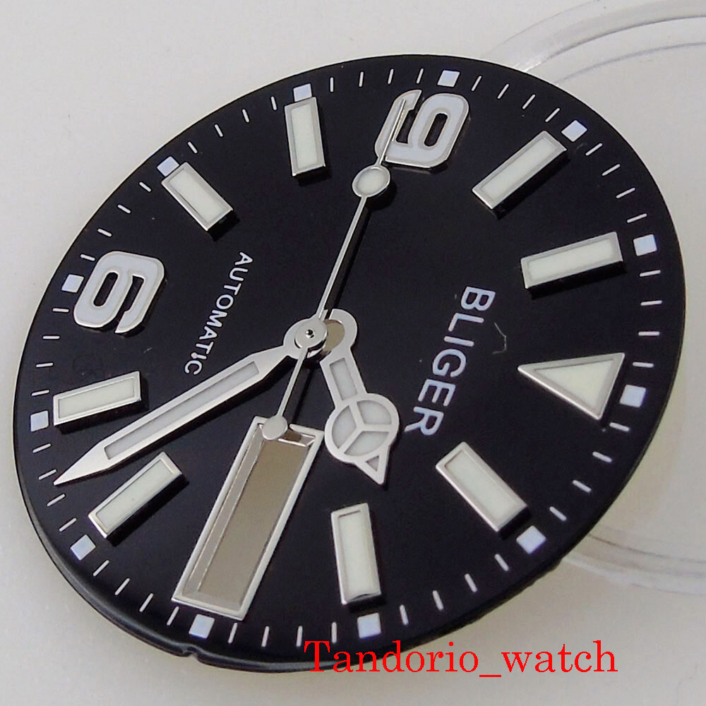 BLIGER 29mm Black Sterile NH36 Luminous Watch Dial Face With Date Week Window