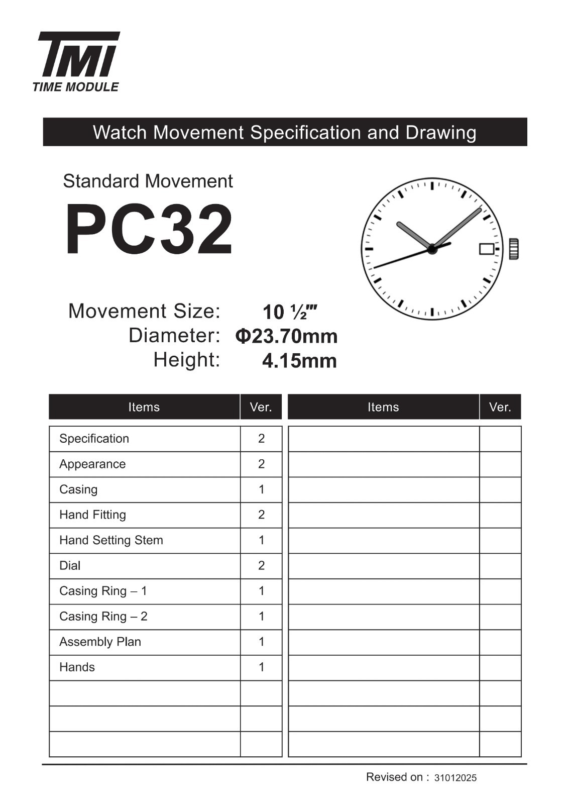 Original TMI PC32A Quartz Watch Movement 3-Hand Date at 3 4 6 Casing Replacement