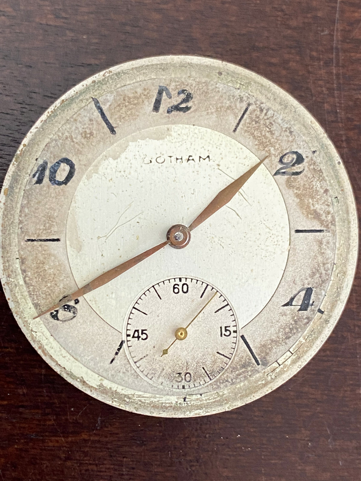 VINTAGE 38.55MM GOTHAM POCKET WATCH MOVEMENT, GR.ULNO, BROKEN STAFF