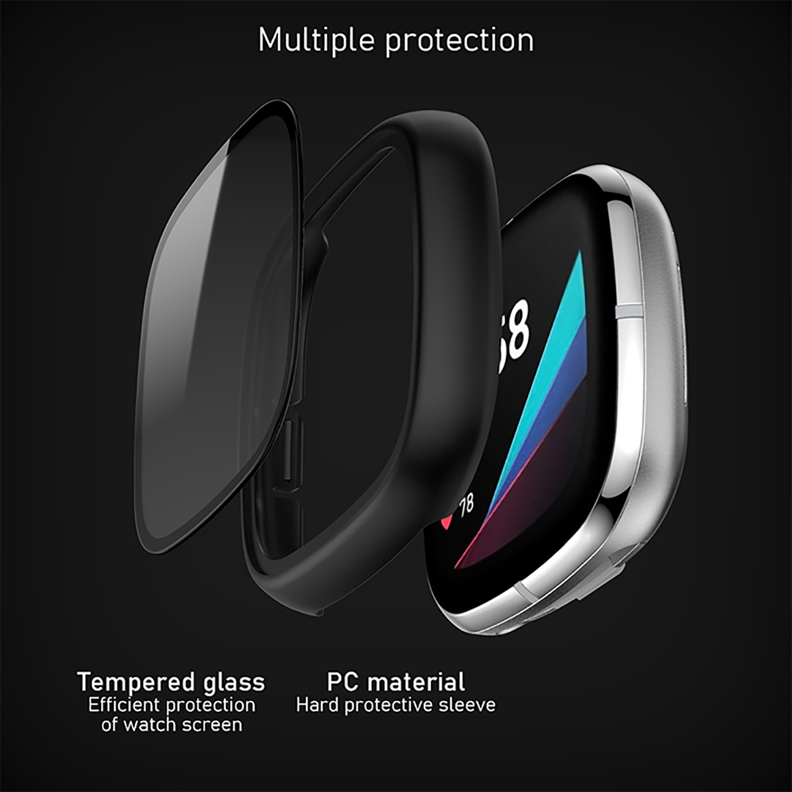 Watch Case PC+Tempered Film Case Protective Case for Fitbit Versa 3/Sense