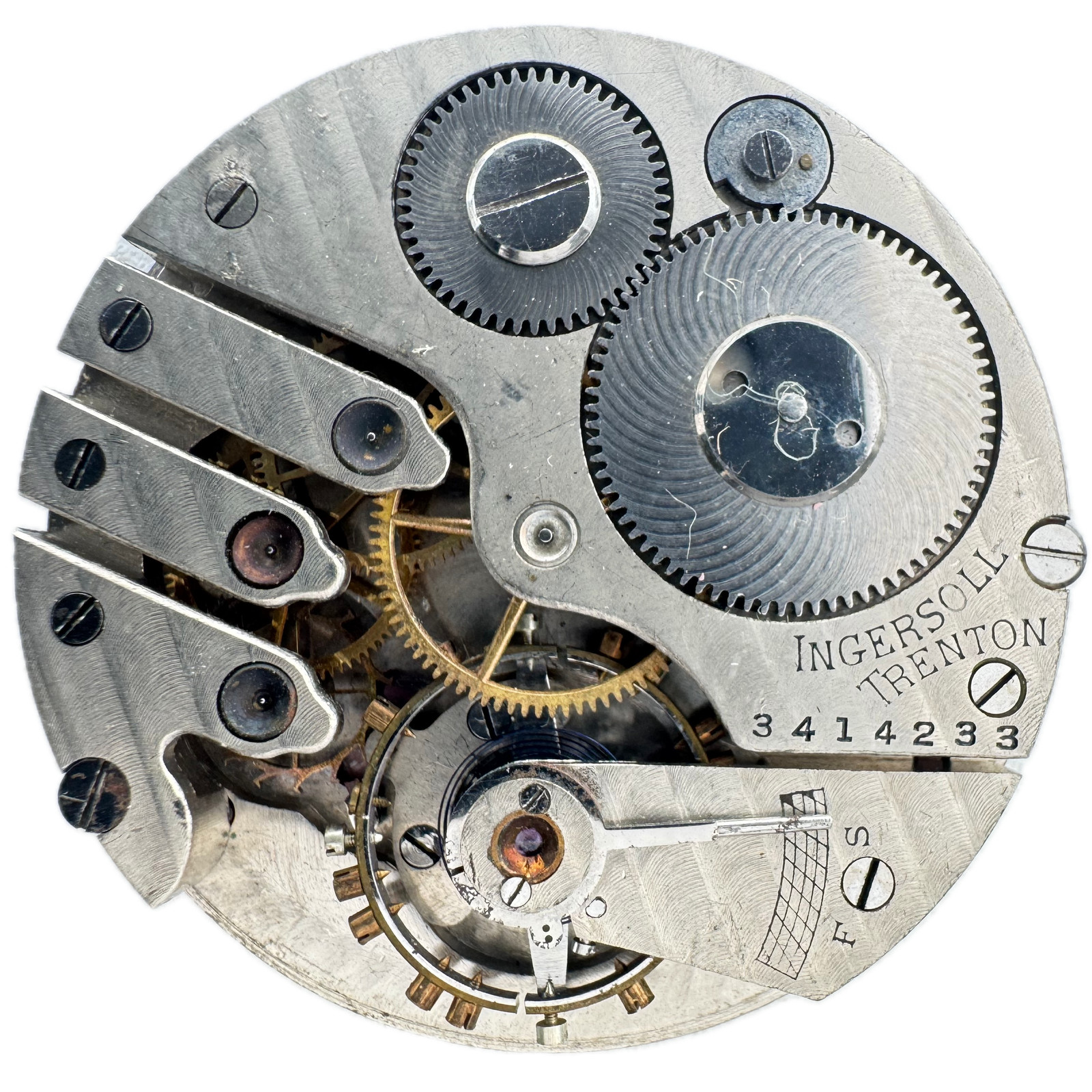 Antique 16s Ingersoll-Trenton 3-Finger Bridge Hunter Pocket Watch Movement 130