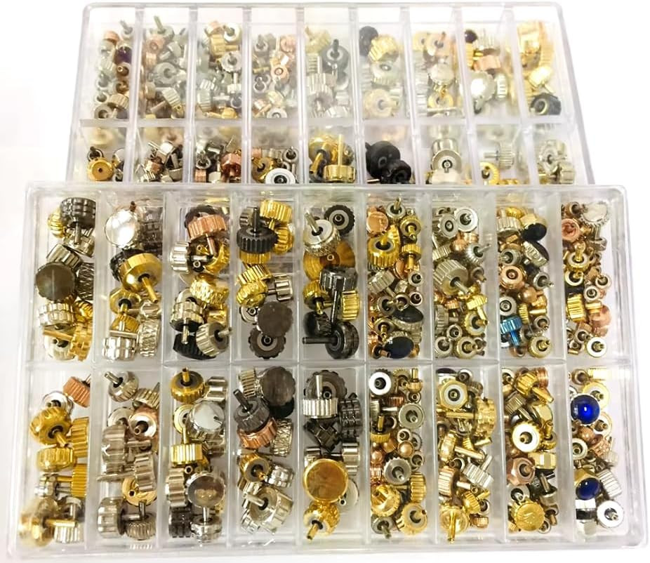 150PCS Watch Crown Parts Assorted Replacement Crowns Silver Bronze Copper Kit