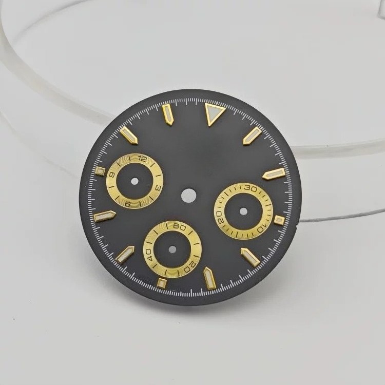 3-Eye Chronograph Dial Lume Gold Sub-Dials Fit Quartz Movement Mod