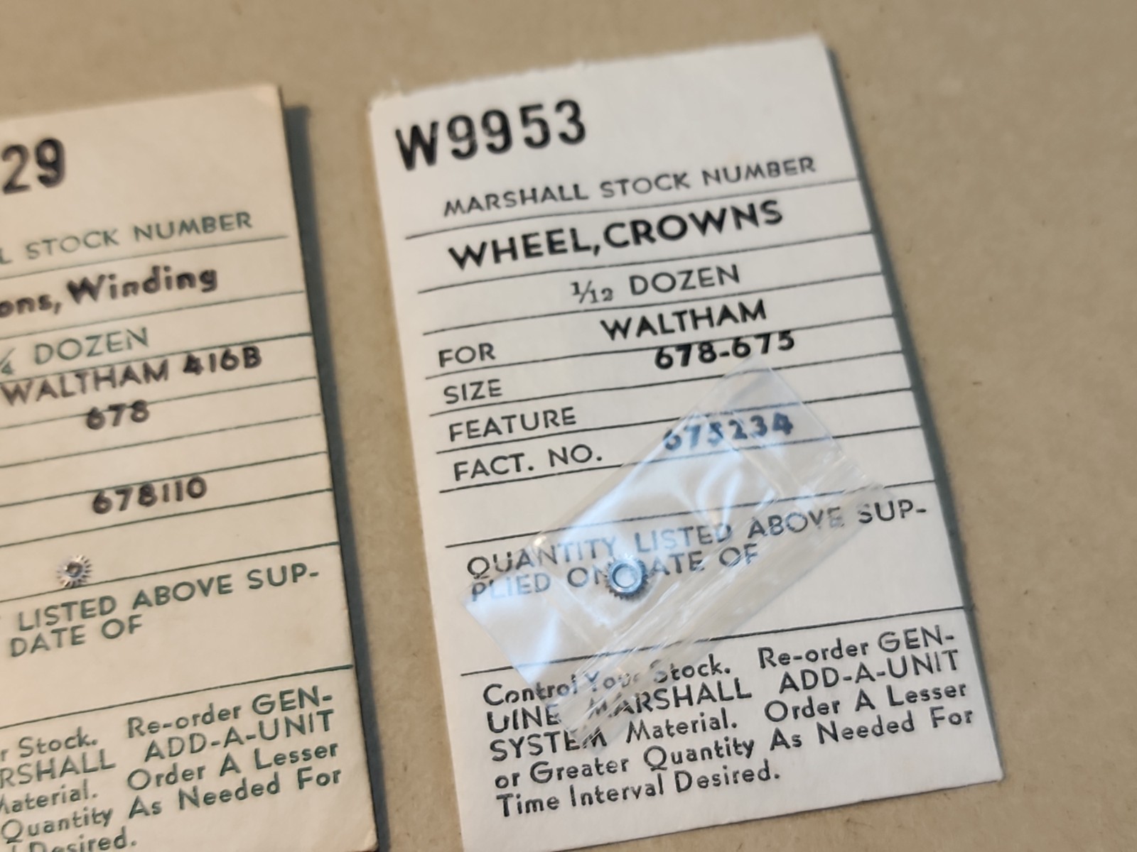 NOS Waltham 678 Winding Arbor, Winding Pinion & 678-675 Crown Wheel