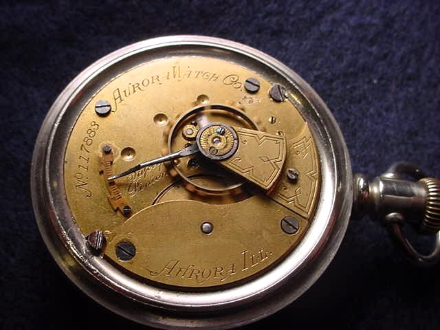 AURORA 18 SIZE OPEN FACE POCKET WATCH WHICH RUNS & SETS & IS IN ORIGINAL CASE!#5