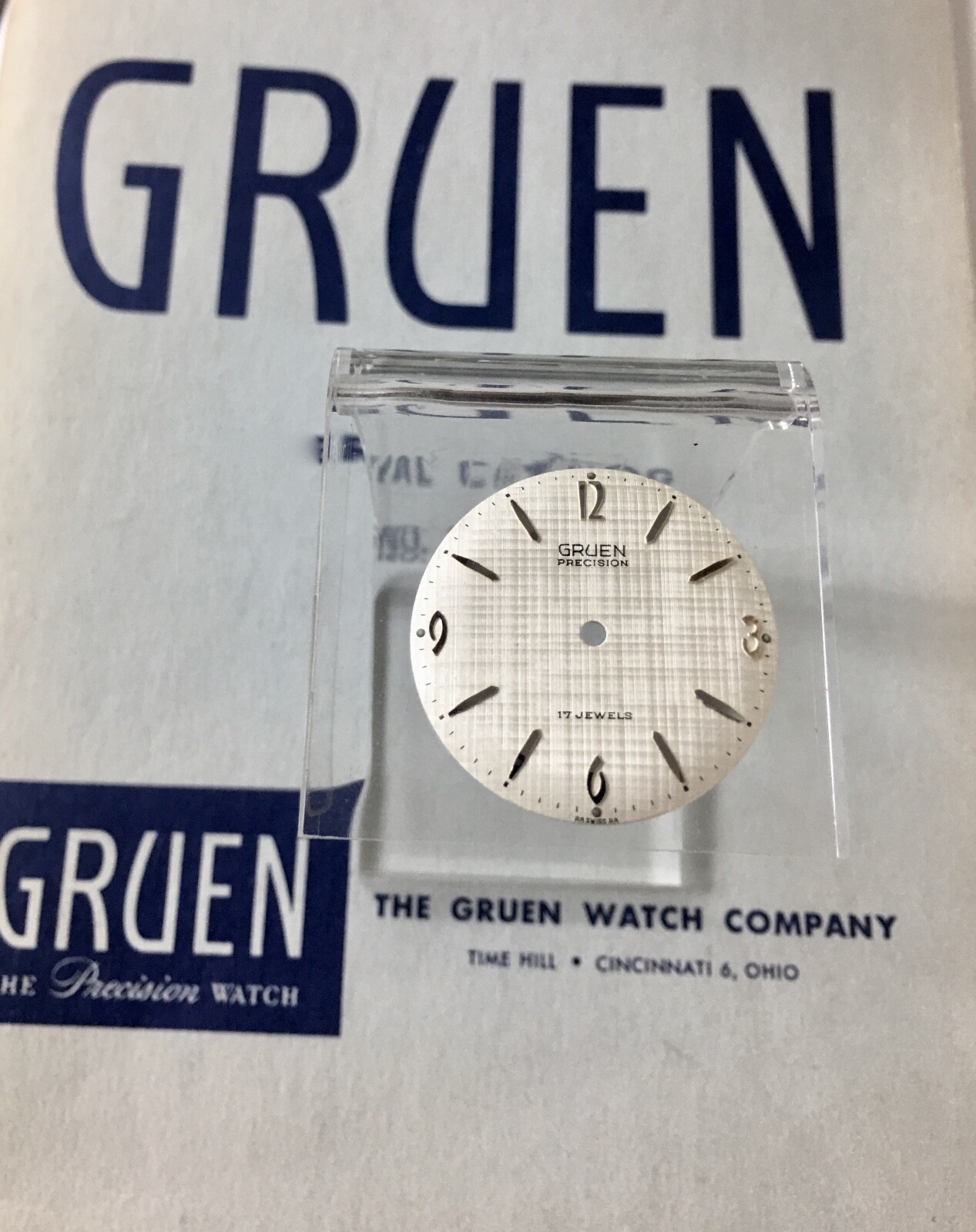 Vintage Gruen 552RSS watch dial silver markers linen finish 29mm NOS 1950s/60s