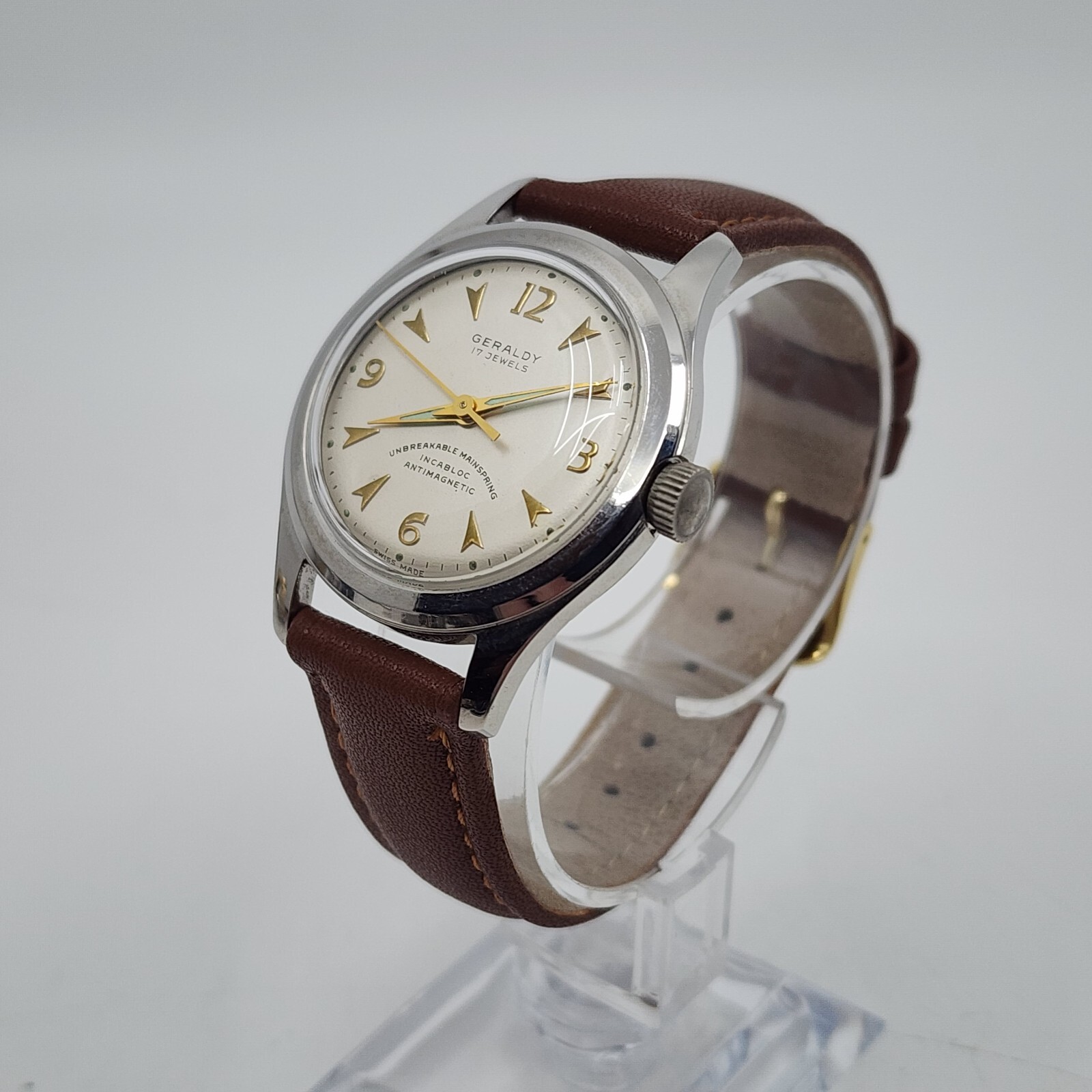 1950’S Geraldy 17 Jewels Cal. AS 1187 Manual Wind Steel Recent Service New Xtal