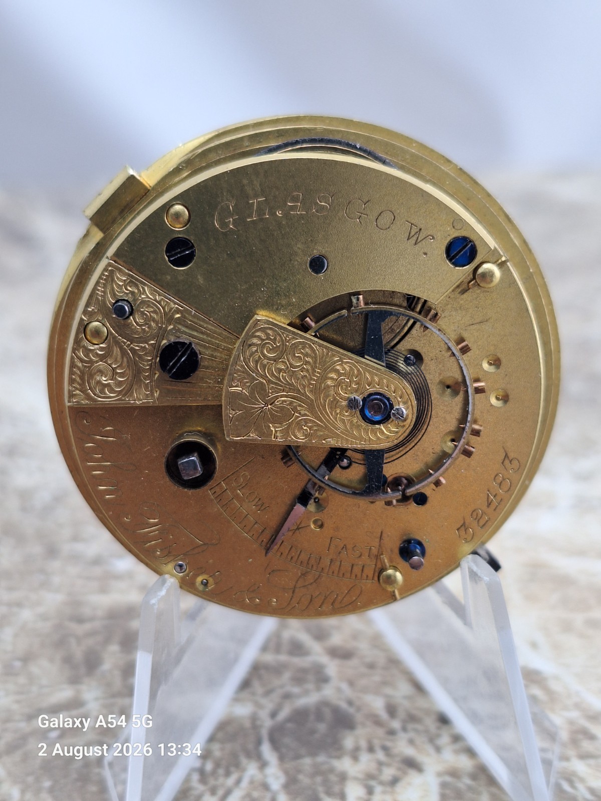 J Fisher of Glasgow Scottish Chain Fusee KW 15 J. Pocket Watch Movement 1874