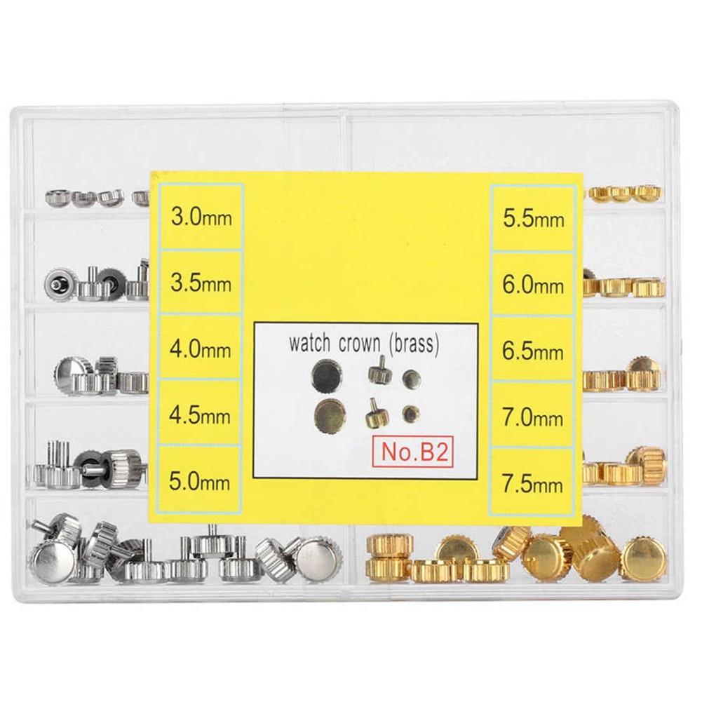 100Pcs Brass Watch Crown Watchmaker Repair Spare Parts Silver&Gold Heads Box B