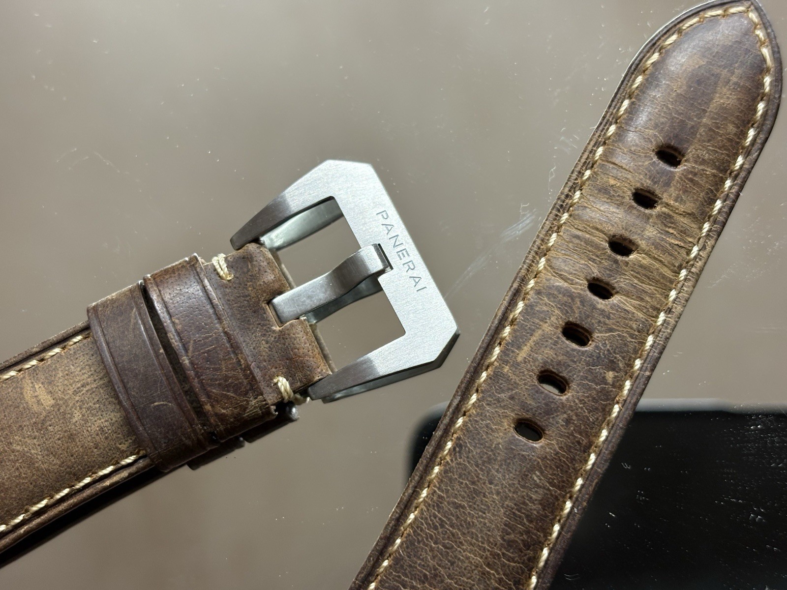 Authentic Panerai 26mm Brown Antique Look Strap. With Steel Tang Buckle.