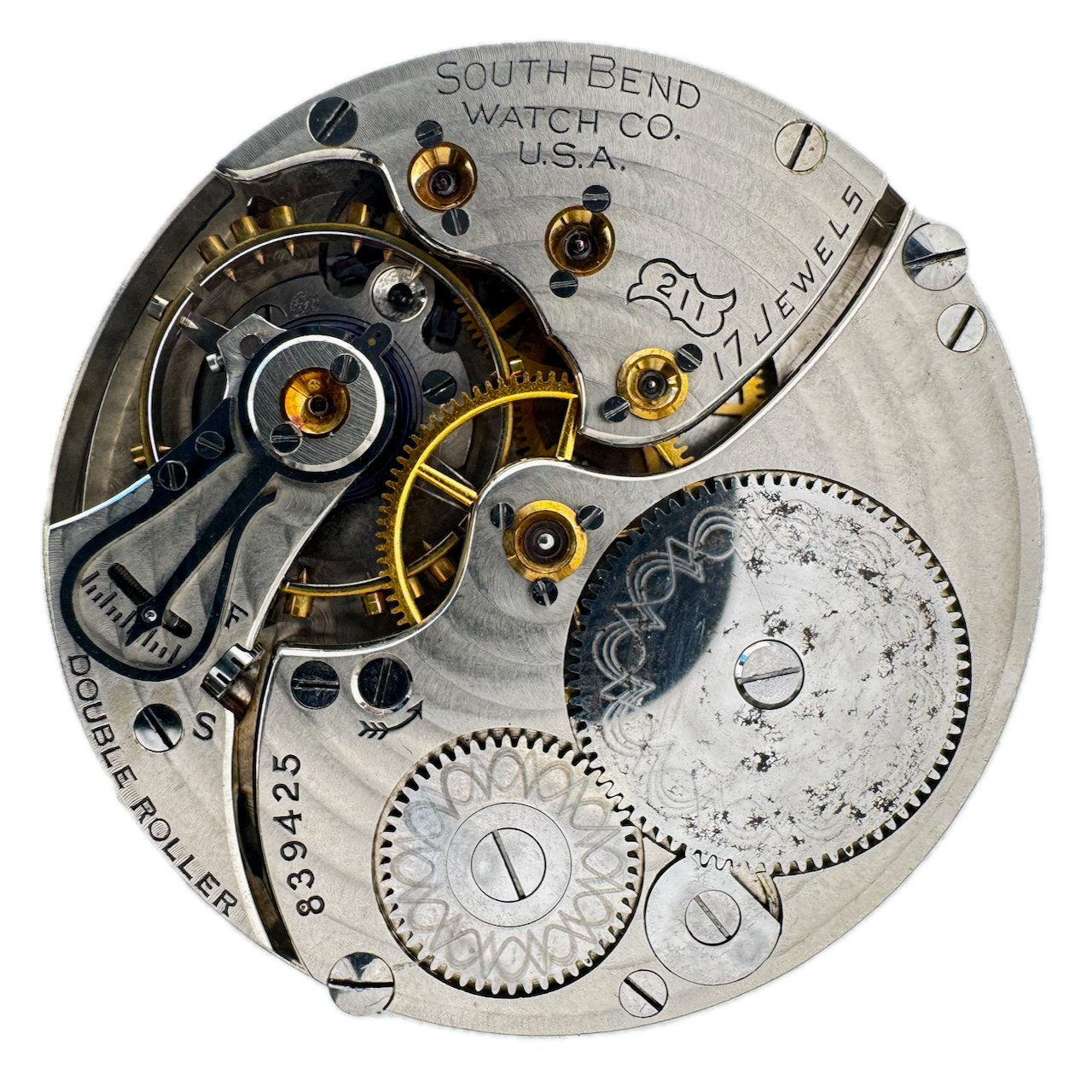 Antique 16s 1916 South Bend Damascening Double Roller Pocket Watch Movement 211
