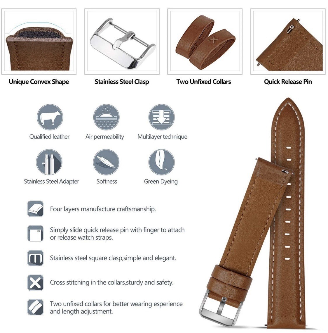 Fullmosa Watch Straps 20mm, Axus Series Leather Strap Replacement Watch Strap