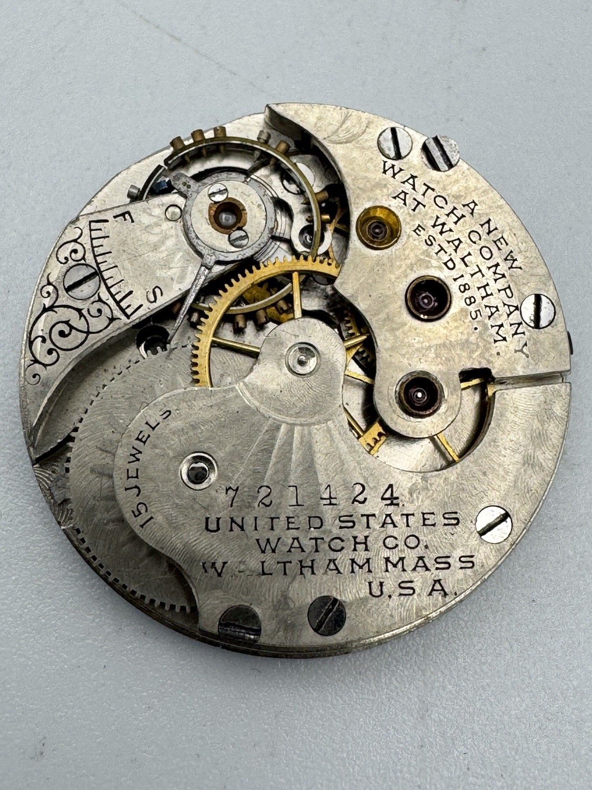 Vintage United States Watch Co Waltham 0s 15J Pocket Watch Movement Parts/Repair