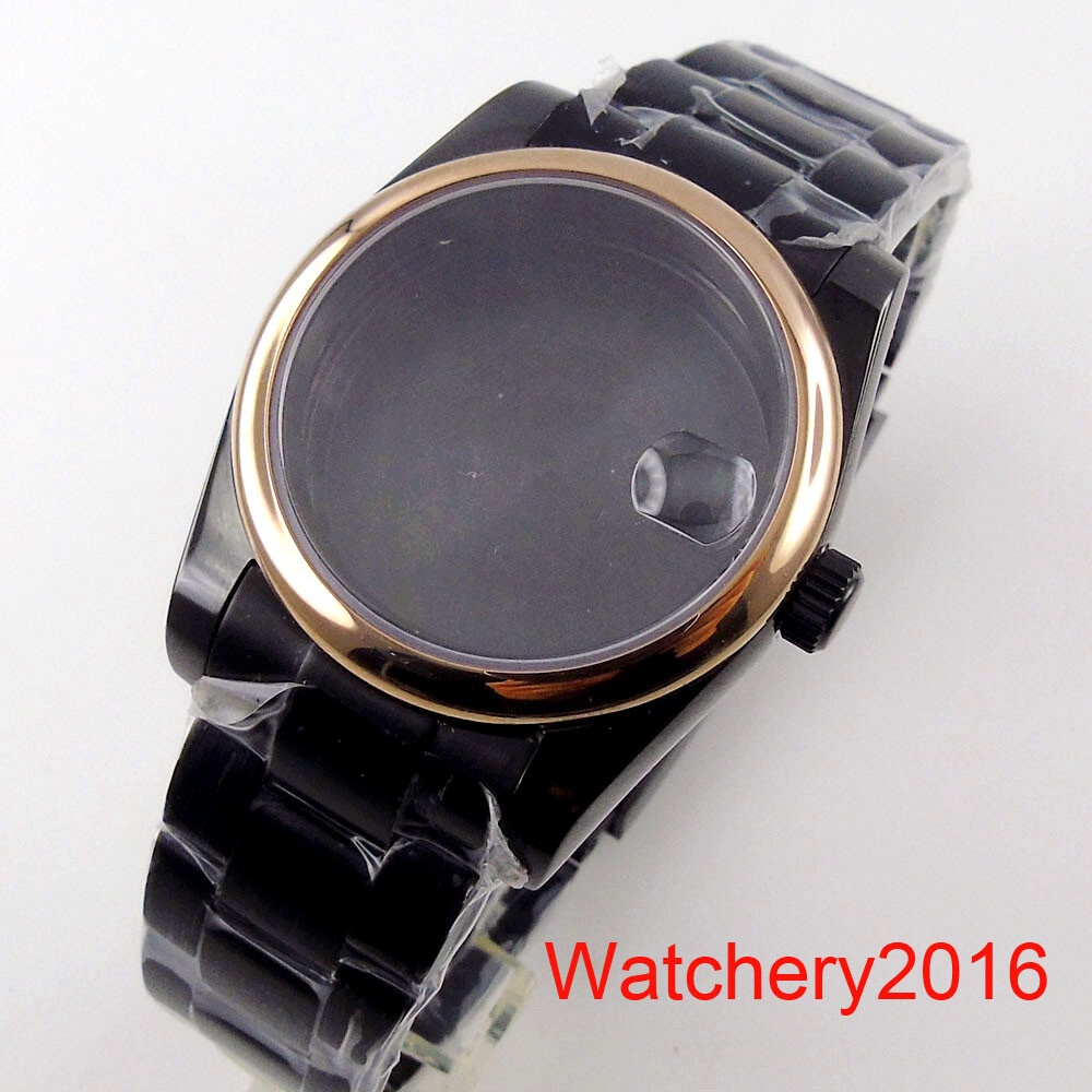 Black PVD 39mm 36mm Sapphire Glass Watch Solid Case Fit NH35 PT5000 Movement